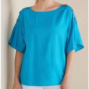 Soft Surroundings Andrea Linen Blend Pullover Short‎ Sleeve Blouse Blue Size 1X